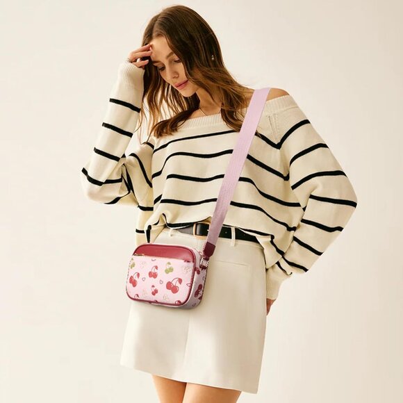 Bostanten Women Cherry PU leather Small Quilted Crossbody Bags With Wide Strap - Picture 2 of 6